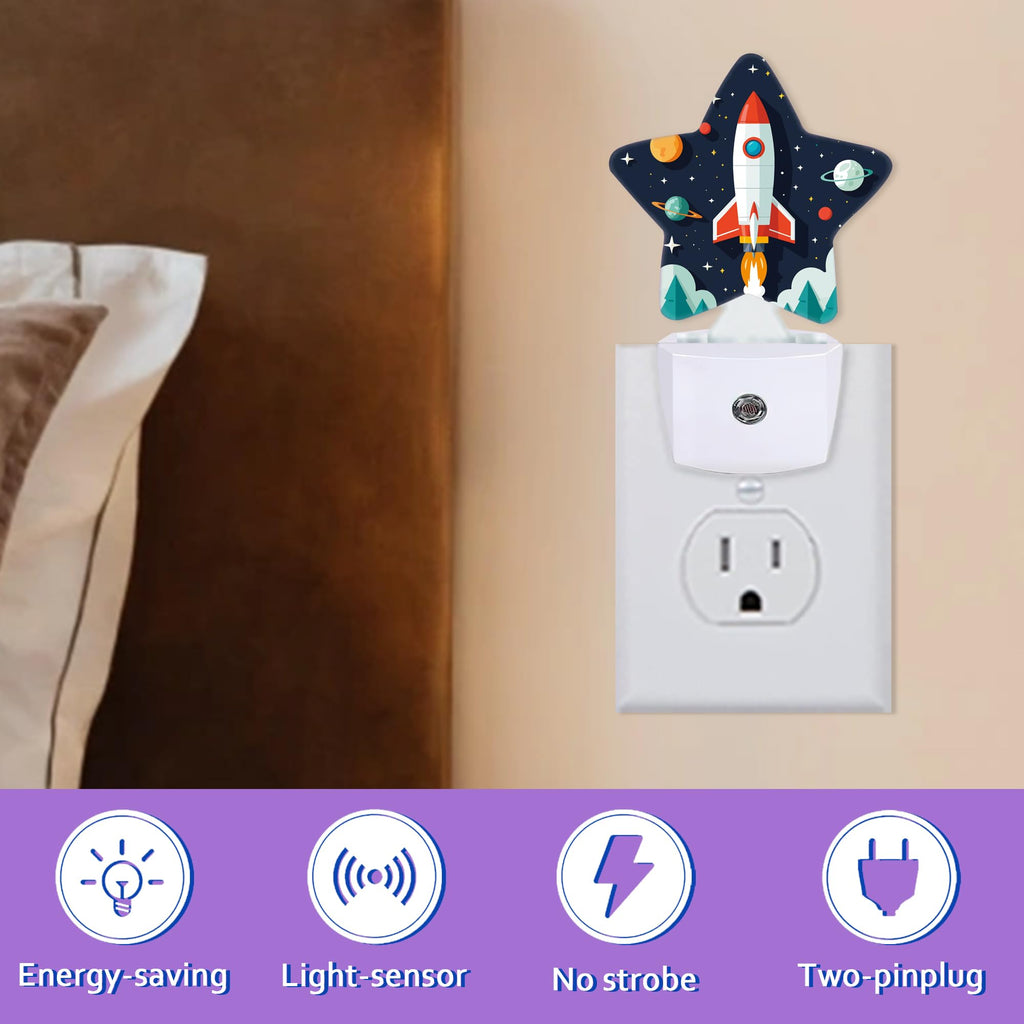 Cartoon Rocket Night Light for Kids,Space Planets Night Lights Plug Into Wall, Lightweight Dusk to Dawn Light Sensor Warm Nightlights for Girls Boys Bedroom Nursery Basement